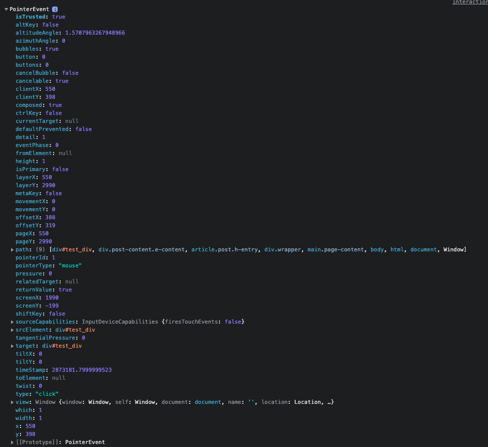 a pointerEvent in the console