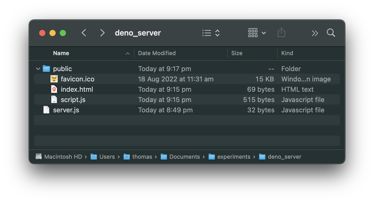 deno_server folder with server.js file and public folder, with index.html, script.js, and favicon.ico inside public