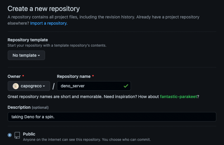 making a new repo called 'deno_server' on github