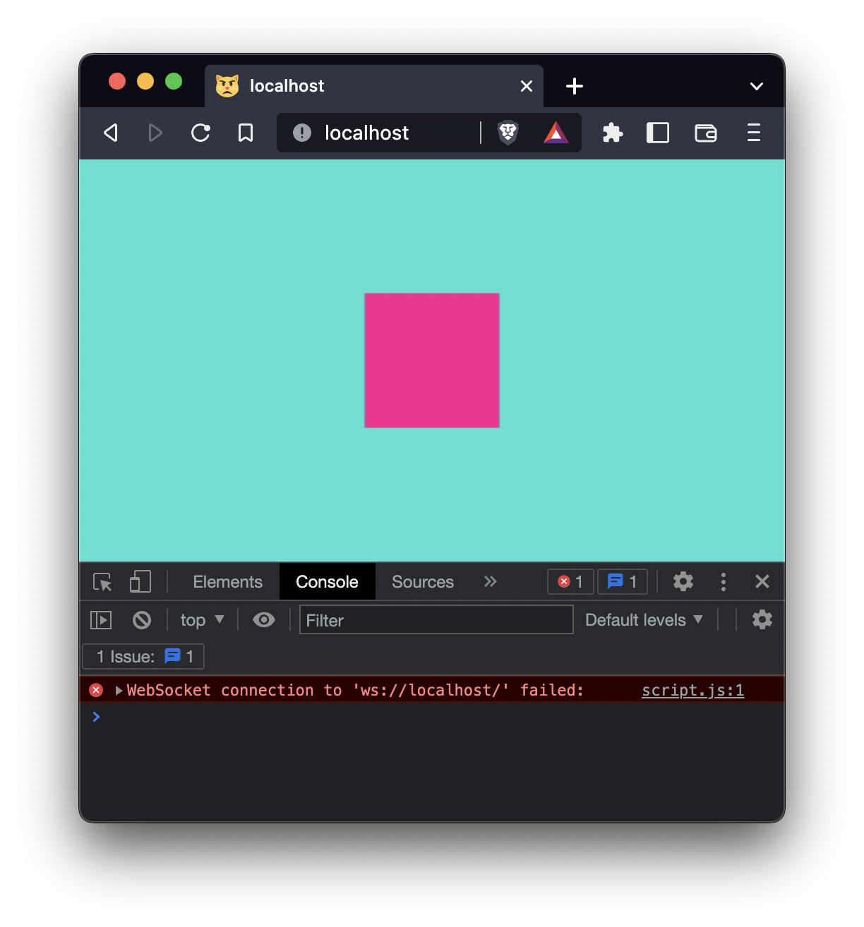 browser window with 'script.js:1 WebSocket connection to 'ws://localhost/' failed:' in the console