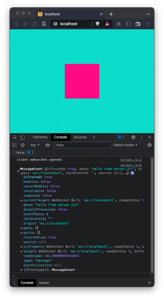 a MessageEvent is displayed in the browser console, with a "data" property with a value of "hello from server.js!"